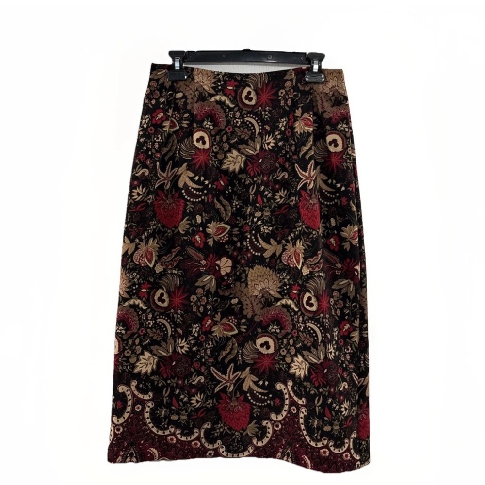 Vintage Briggs New York Sz 10P Floral Paisley Midi Skirt Black Red Tan Boho Y2K